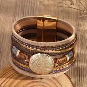 Elegant Gold and Brown Layered Vegan Leather Boho Bracelet- Magnetic Clasp